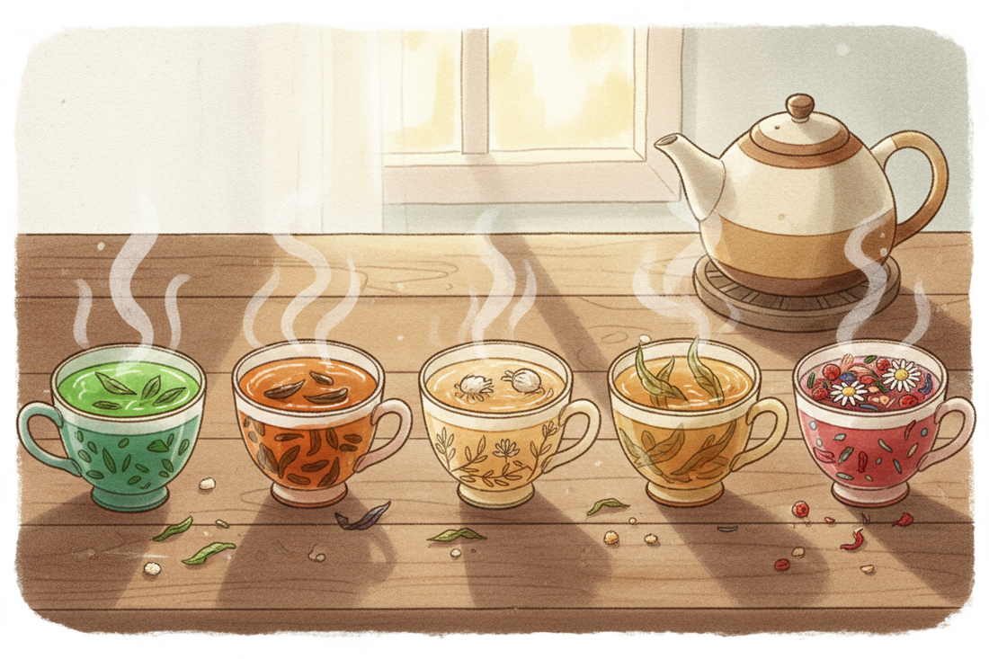 five beautiful teacups on a cozy kitchen table in an animated, hand-drawn illustration style, each showing a different type of tea steeping with distinct colors—from vibrant green to deep amber to pale gold