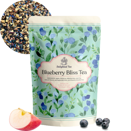 Packaging of Blueberry Bliss Tea with tea leaves and fruit on a white background