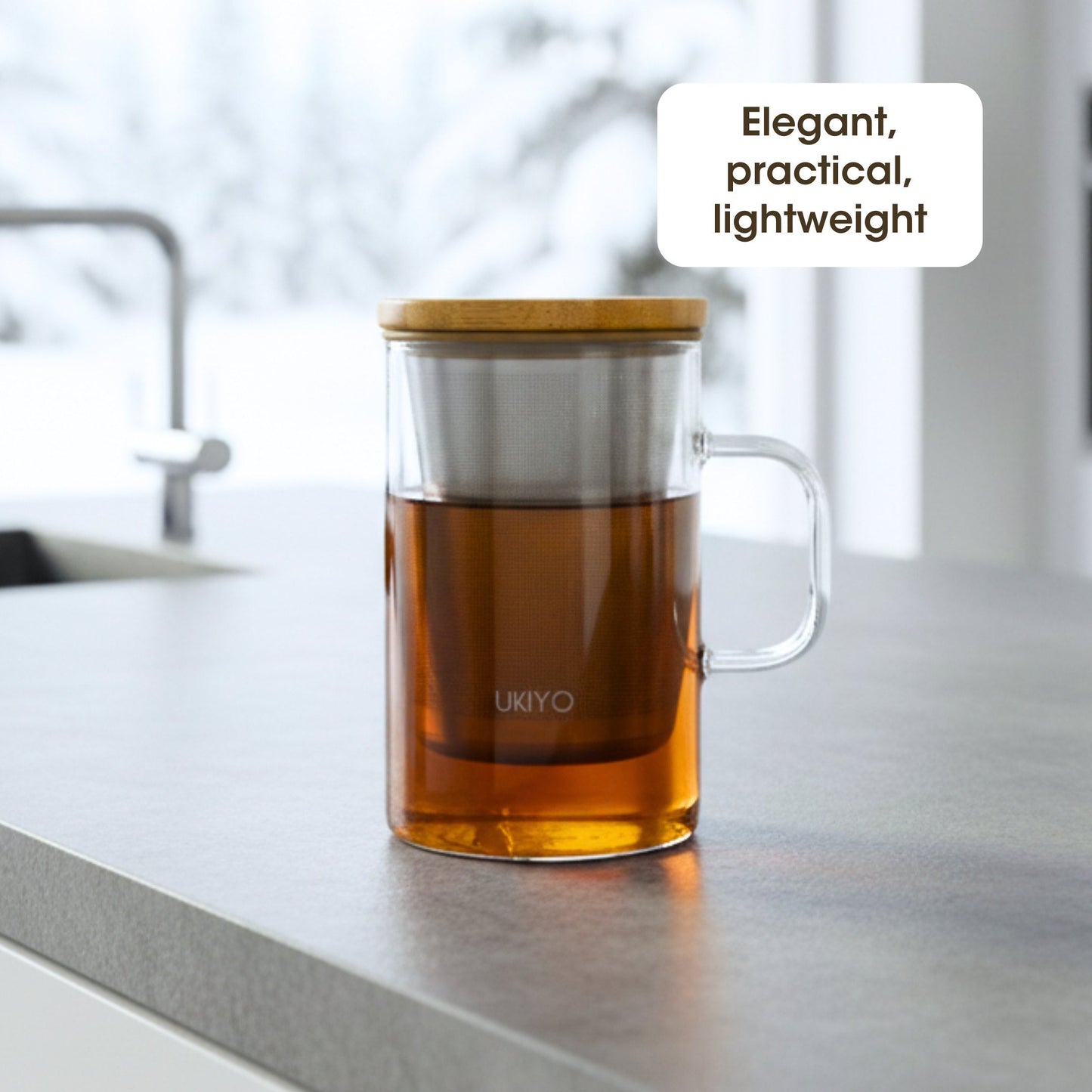 Ukiyo Wood Premium Glass Tea Infuser - Bamboo Lid & Stainless Steel Filter