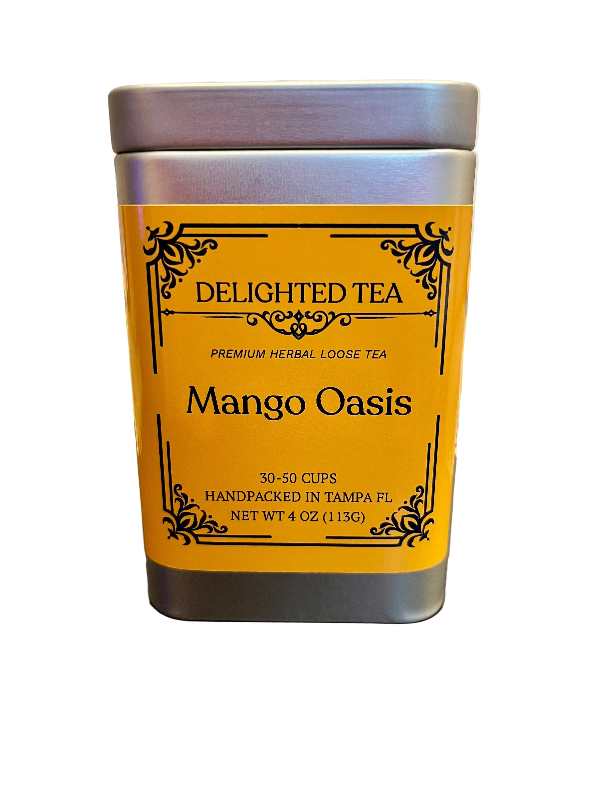 Delighted Tea Mango Oasis tea canister on a wooden table