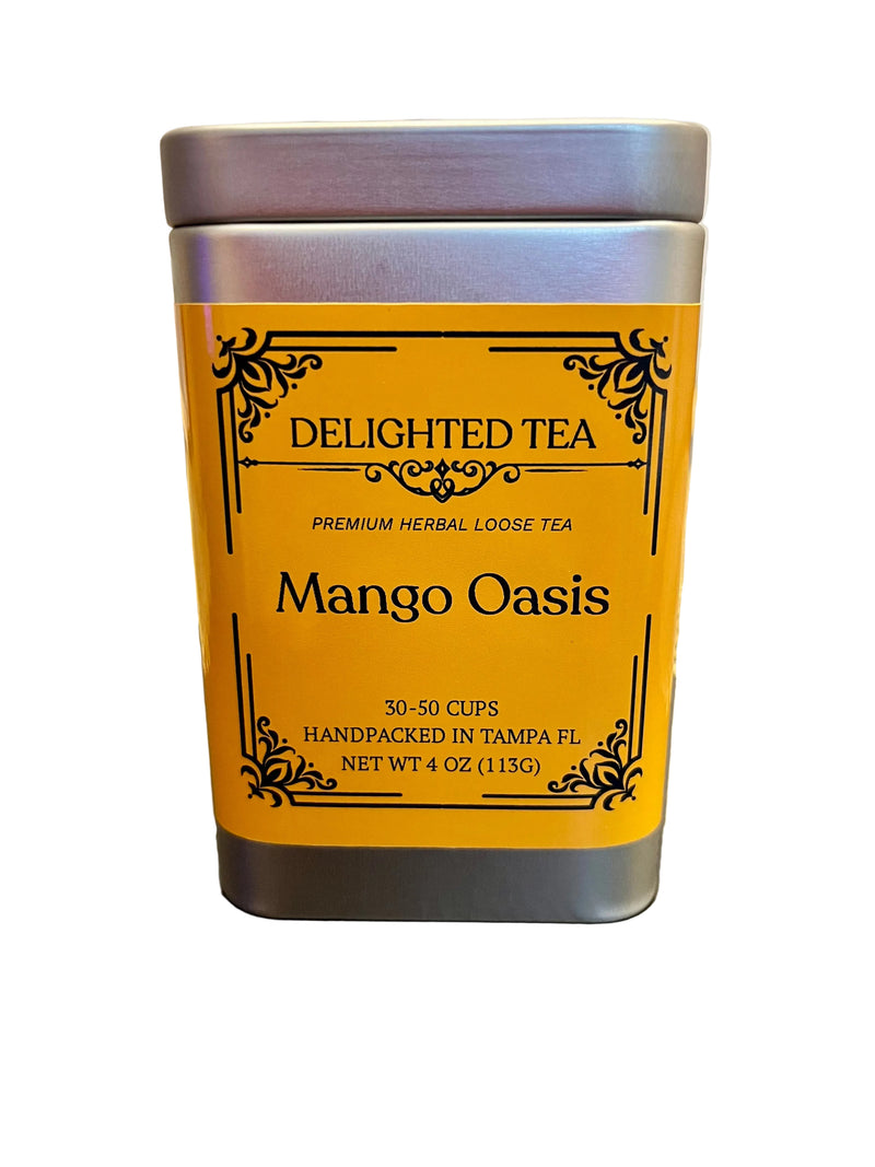 Delighted Tea Mango Oasis tea canister on a wooden table