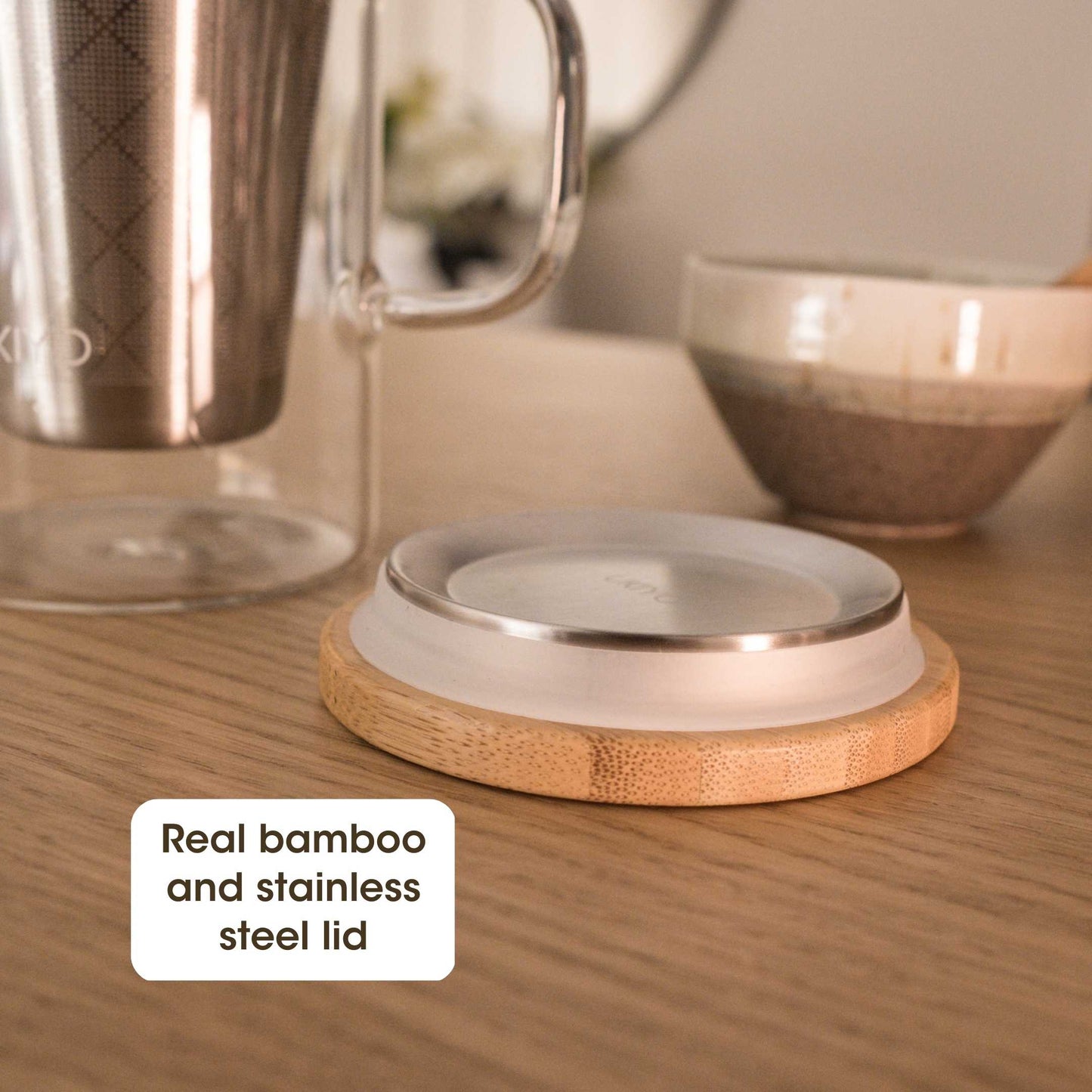 Ukiyo Wood Premium Glass Tea Infuser - Bamboo Lid & Stainless Steel Filter