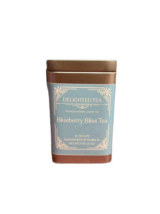 Tin of Delighted Tea Blueberry Bliss Tea on a white background