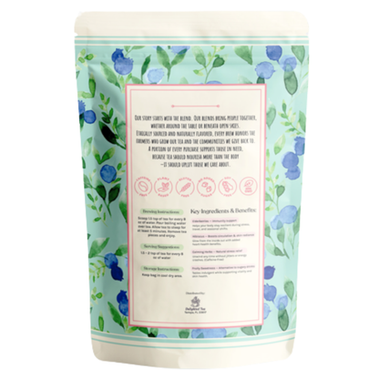 Product packaging with floral design and text on a white background