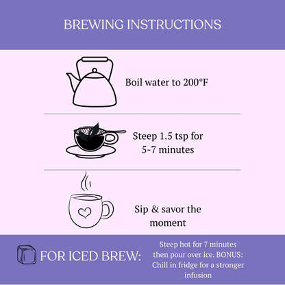 Tea brewing instructions with illustrations and text on a purple background