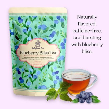 Packaging of Blueberry Bliss Tea with a cup of tea and blueberries on a light purple background