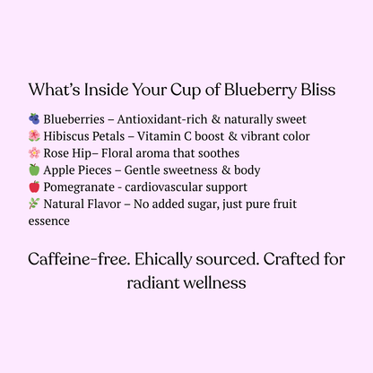 Text detailing the ingredients and benefits of a product called 'Blueberry Bliss' on a light purple background.