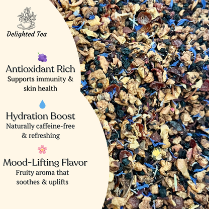 Tea blend with text highlighting benefits on a white background