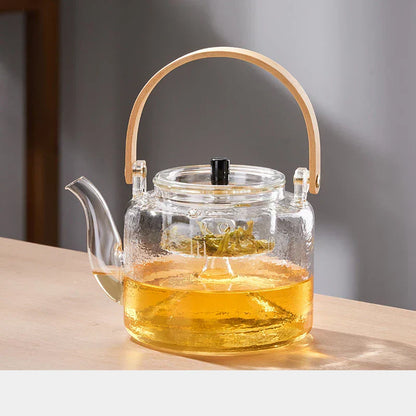 DecorBites™ Glass Tea Pot With Bamboo Handle and Double Filter Liner
