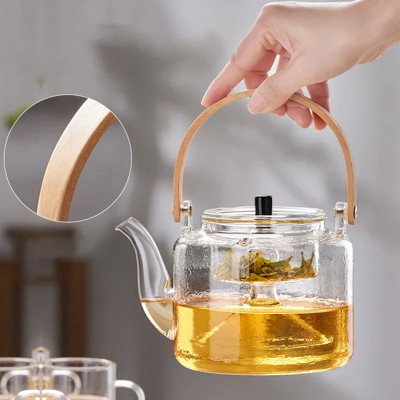 DecorBites™ Glass Tea Pot With Bamboo Handle and Double Filter Liner