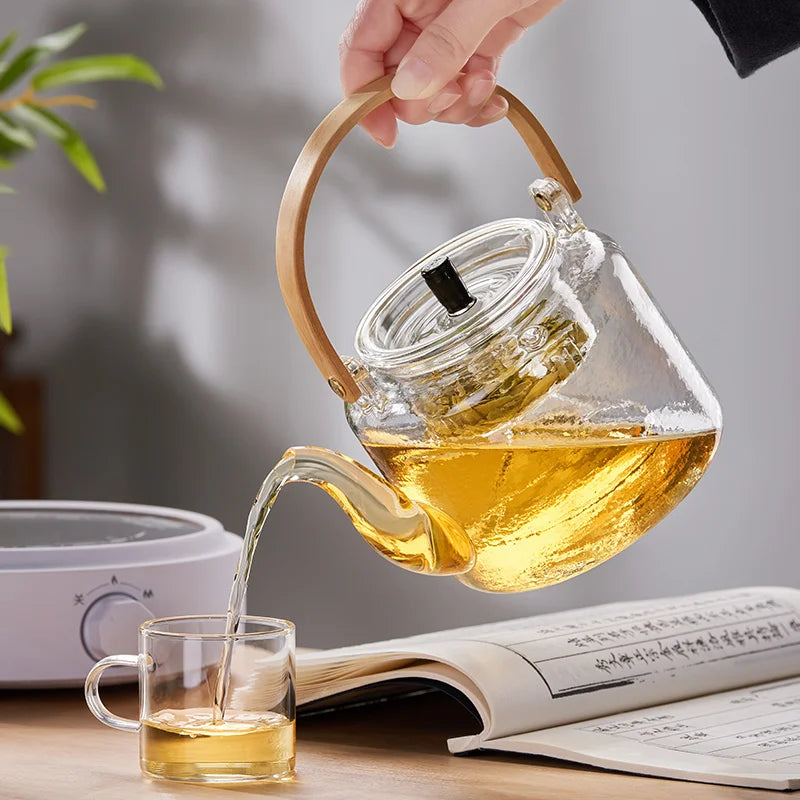 DecorBites™ Glass Tea Pot With Bamboo Handle and Double Filter Liner