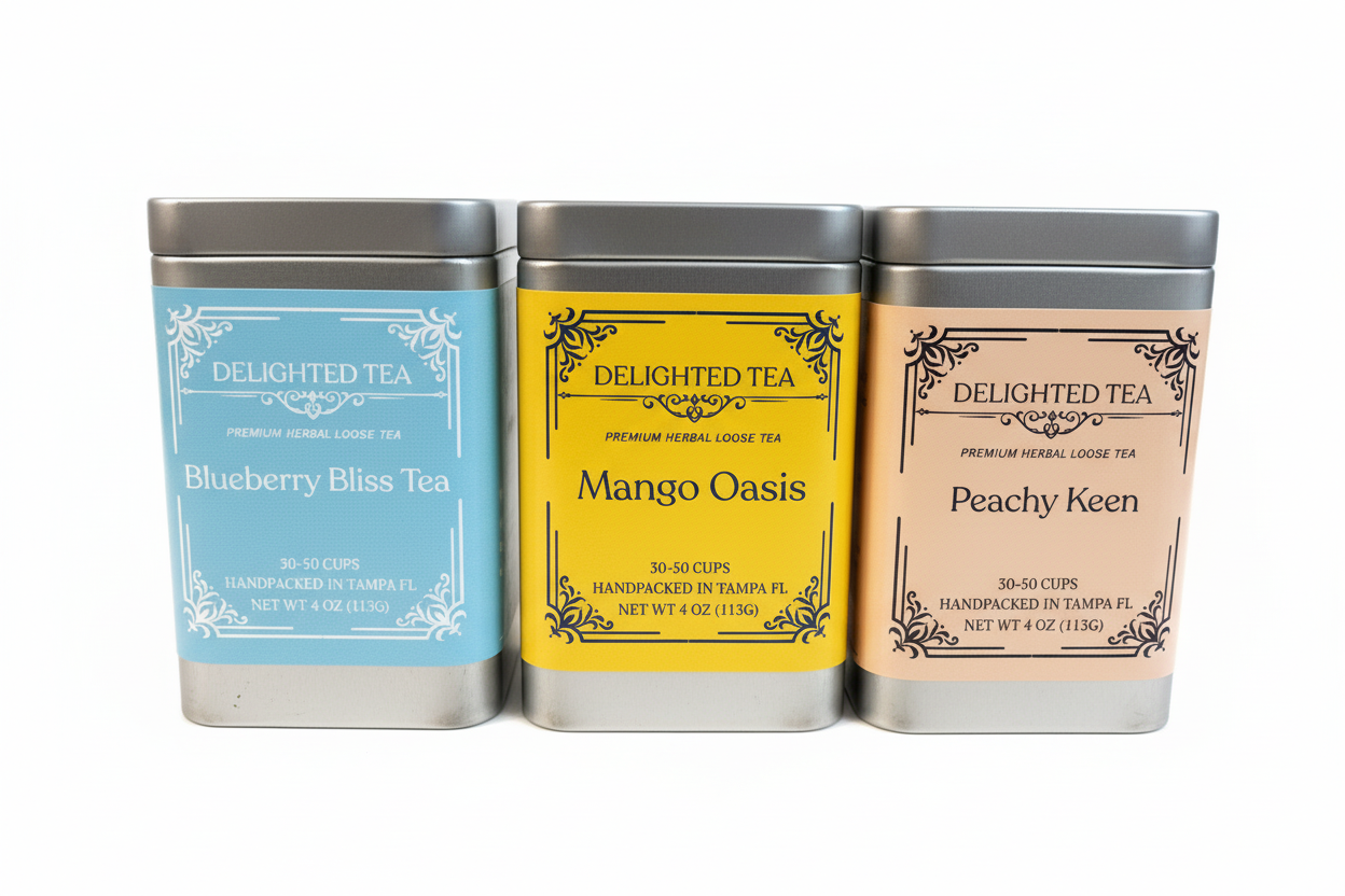 Three metal tea tins labeled 'Blueberry Bliss Tea', 'Mango Oasis', and 'Peachy Keen' from Delighted Tea on a white background.