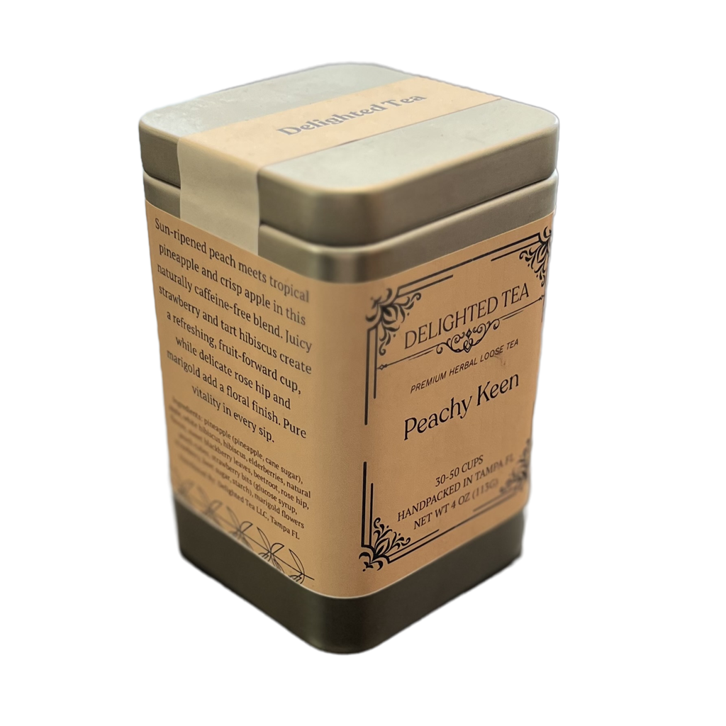 Tea canister labeled 'Delighted Tea Peachy Keen' on a white background