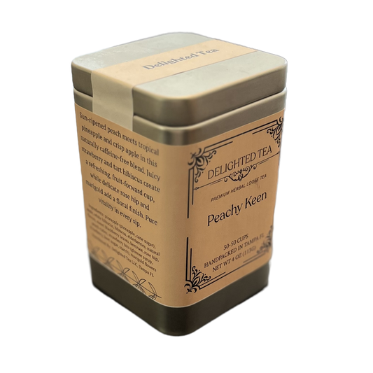 Tea canister labeled 'Delighted Tea Peachy Keen' on a white background