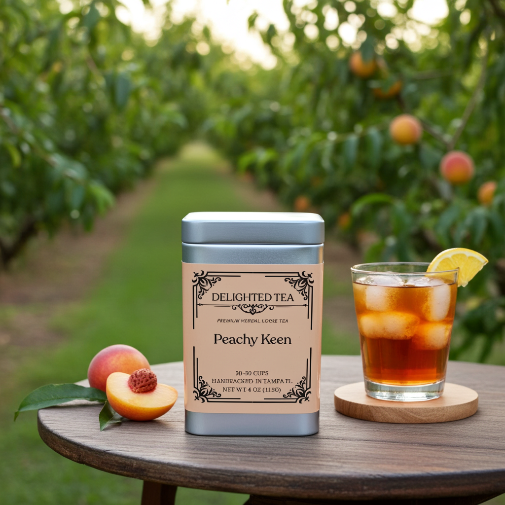 Tea canister labeled 'Peachy Keen' with a glass of iced tea and peach on a table in an orchard.